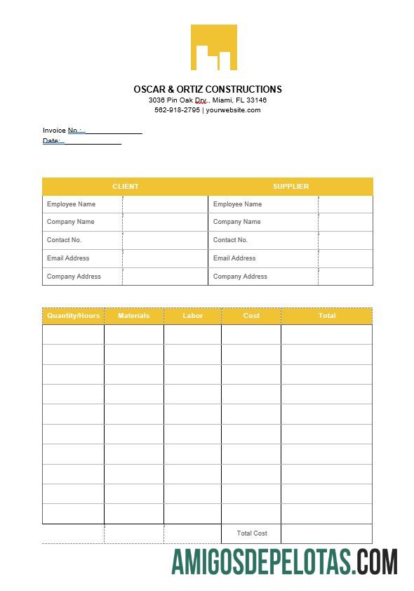 imprimível Modelo de fatura de construção para impressão